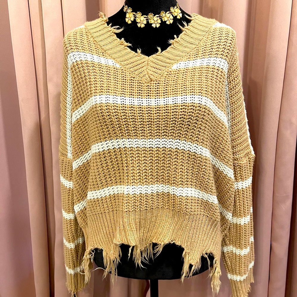 Nude sweater w/white stripes